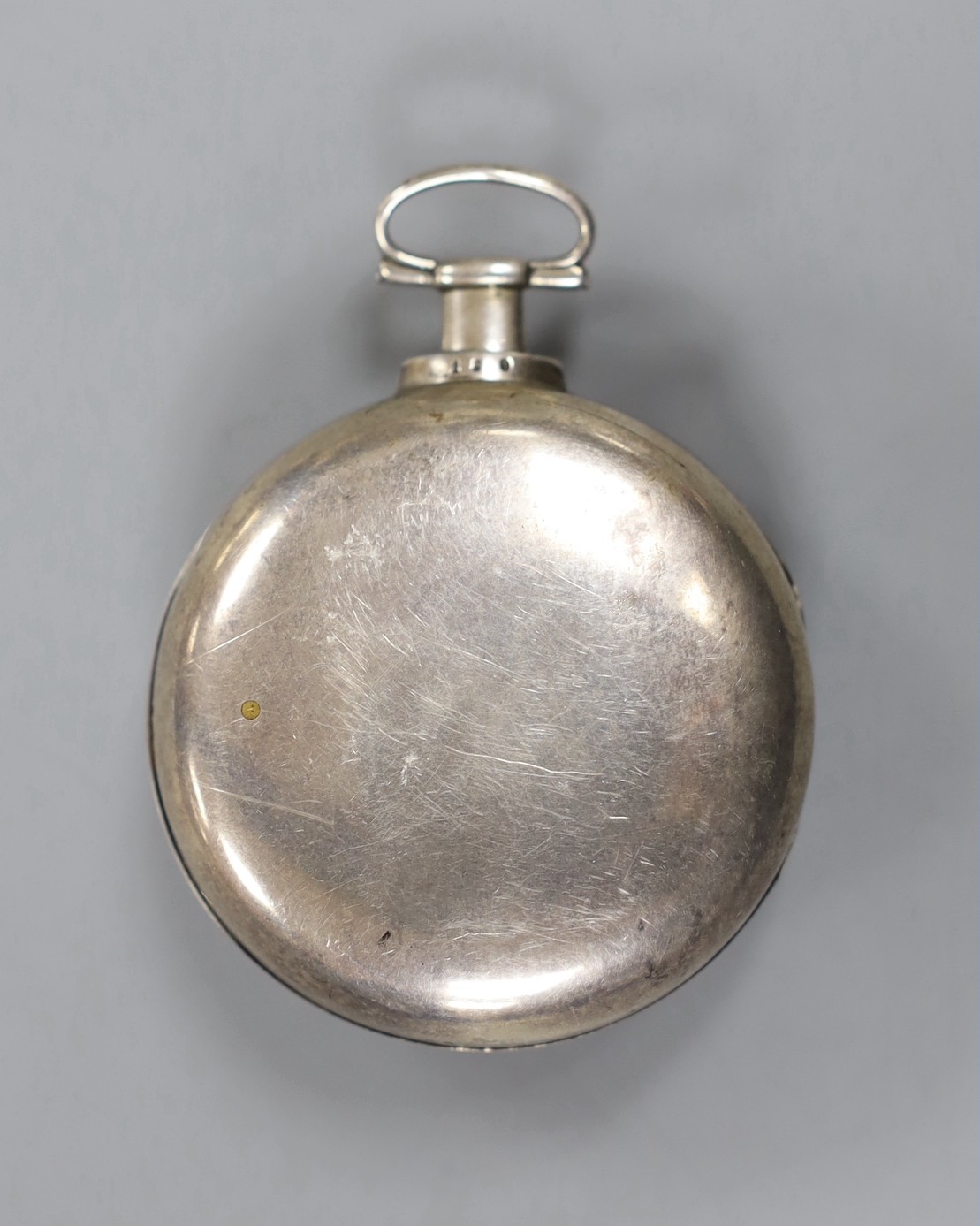 A George III silver pair cased keywind pocket watch, by Barnett of Hereford, with Roman dial and lacking one hand, outer case diameter 55mm.